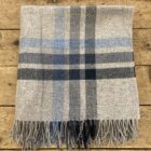 Grey twill rug with 3 blue stripes on a wooden backgroud