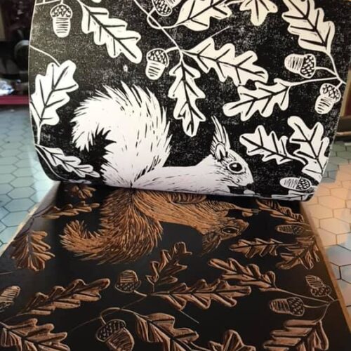 Squirrel Lino cut in black and white by Liz Jones