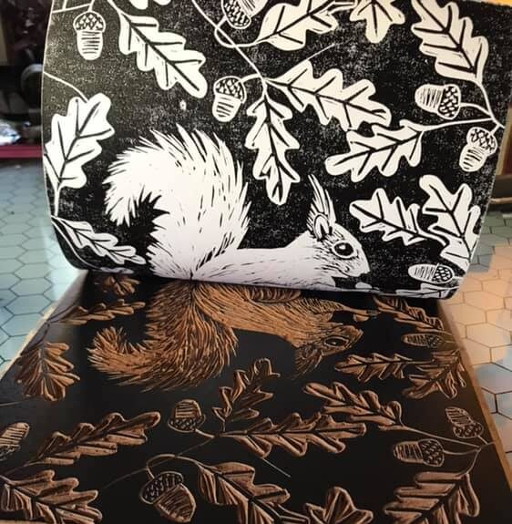 Squirrel Lino cut in black and white by Liz Jones